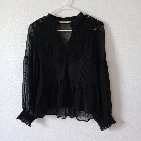 Zara Basic Women's dotted Sheer Blouse with Lace Black size Small - Picture 8 of 10